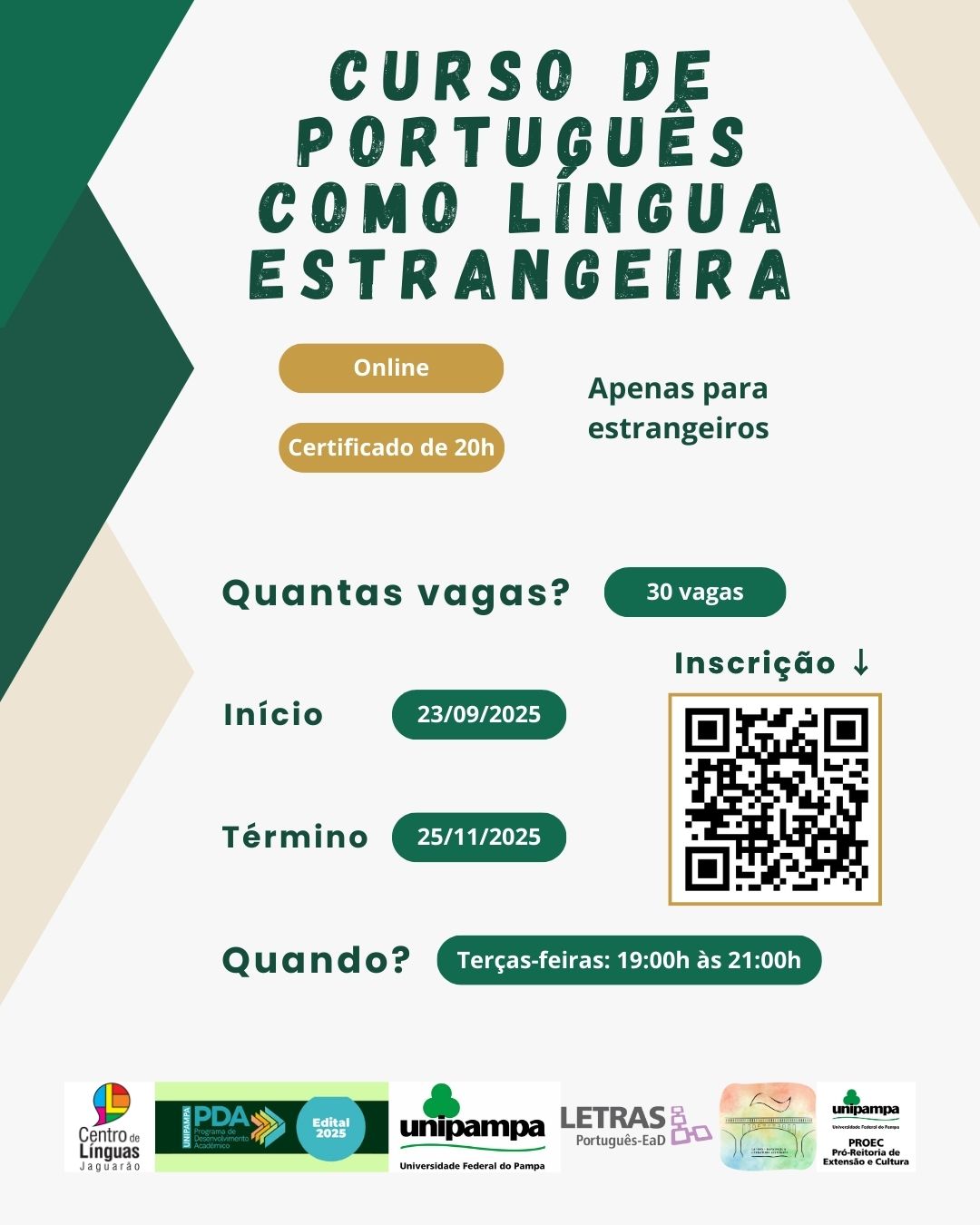 Imagem com informações sobre a oferta de português como língua estrangeira.
