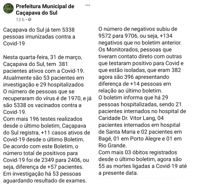 Caçapava do Sul tem pequeno aumento de ativos de Covid-19 - Prefeitura  Municipal de Caçapava do Sul