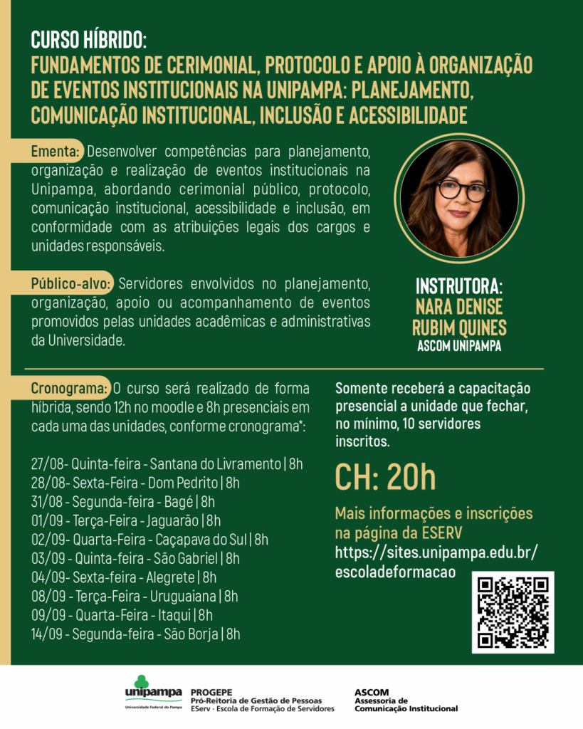 Curso híbrido: Fundamentos de Cerimonial, Protocolo e Apoio à Organização de Eventos Institucionais na Unipampa