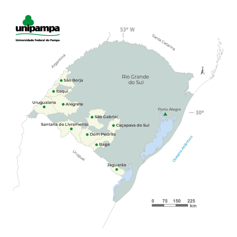 Mapa RS com campus da Unipampa