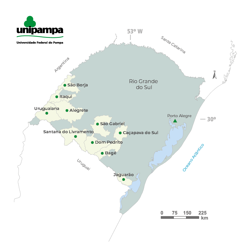 Mapa do RS com a localização dos 10 campi da Unipampa